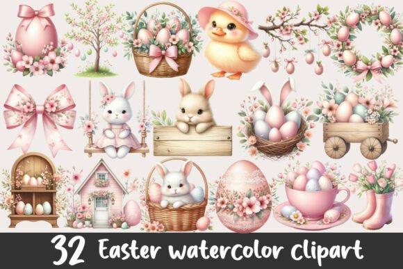 Download Pink Easter Watercolor Clipart Bundle - Art Collection
