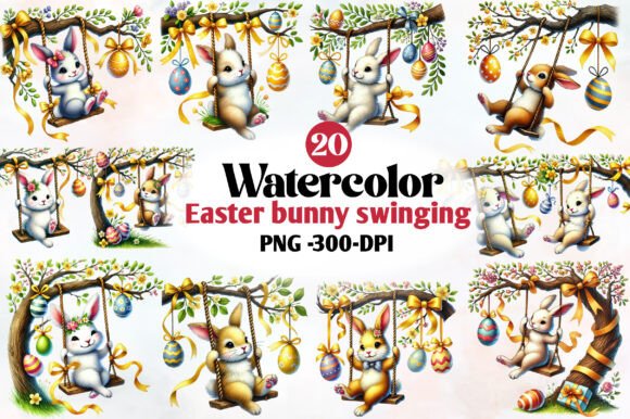 Download Watercolor Easter Bunny Swinging Clipart - Art Collection