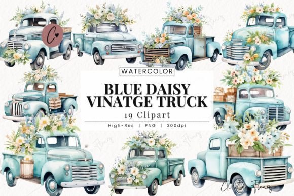 Download Blue Daisy Vintage Truck Clipart - Art Collection