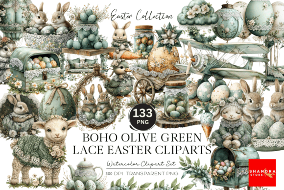Download Boho Olive Green Lace Easter Cliparts - Art Collection